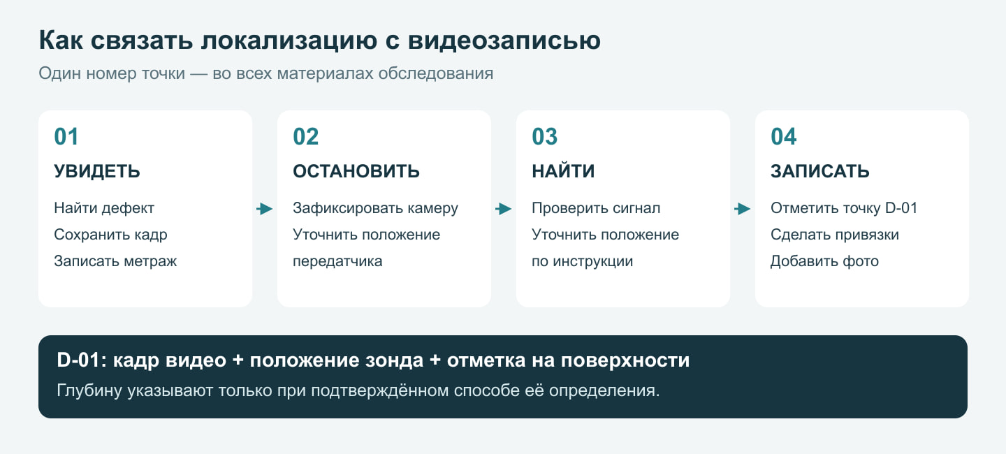 Порядок локализации дефекта: зафиксировать кадр и расстояние, учесть смещение передатчика, найти устойчивый сигнал локатором и отметить точку на поверхности